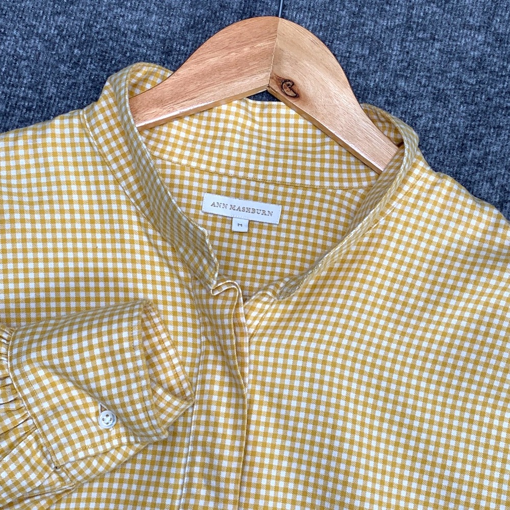 Ann Mashburn Shirt Women Medium Popover Blouse Yellow Gingham Check Top Preppy